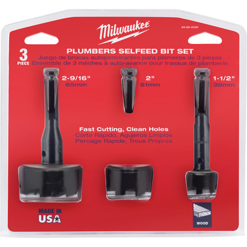 Plumber's Self Feed Drill Bit Set, 3 Pieces, Alloy Steel - Milwaukee 49-22-0030