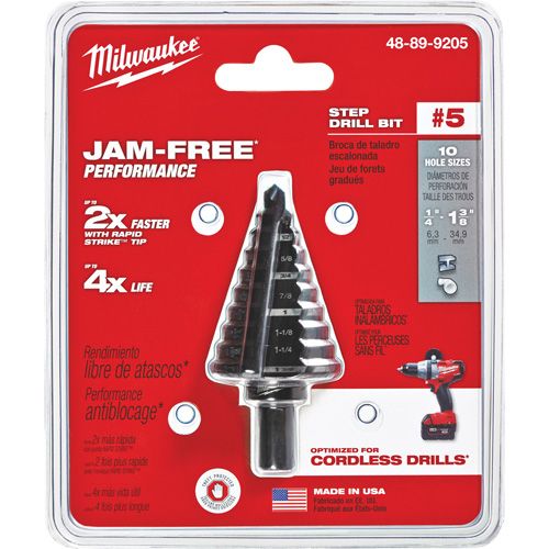 Foret &eacute;tag&eacute; no 5, 1/4" - 1-3/8", Incr&eacute;ments de 1/8", Acier rapide - Milwaukee 48-89-9205
