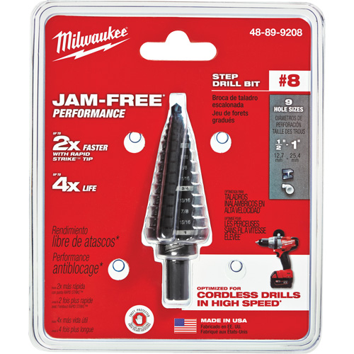 #8 Step Drill Bit, 1/2" - 1" , 1/16" Increments, High Speed Steel - Milwaukee 48-89-9208