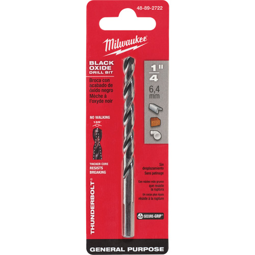 Thunderbolt&reg; Jobber Drill Bit, High Speed Steel, 1/4", 4" L, 3-3/4" Flute, 135° Point Angle - Milwaukee 48-89-2722