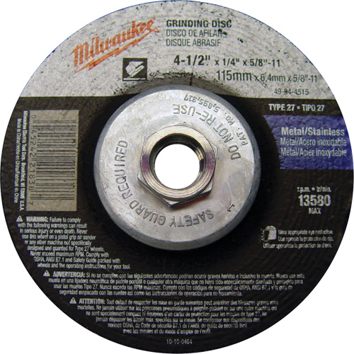 Meule, 4-1/2" x 1/4", Arbre 5/8"-11, Oxyde d'aluminium, Type 27 - Milwaukee 49-94-4515