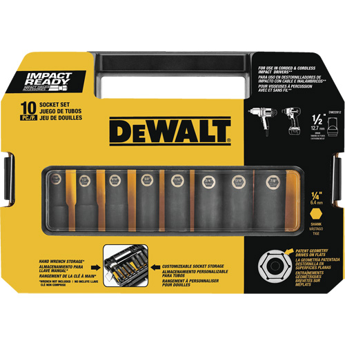 Jeu de douilles Ready, 10 Mcx, Chocs, Prise de 1/2" - DEWALT DW22812