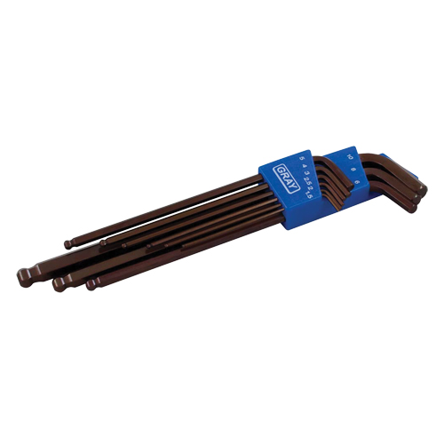 Extra Long Arm Ball Hex Key Set, 9 Pcs., Metric - Gray Tools 68909XL