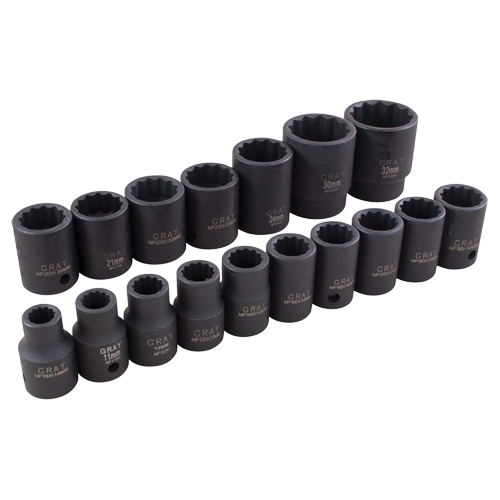 Socket Set, 17 Pcs, Impact, 1/2" Drive Size - Gray Tools 39117