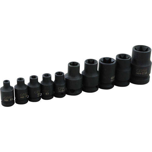 Torx&reg; Socket Set, 10 Pcs, Impact, 1/4" Drive Size - Gray Tools 24510