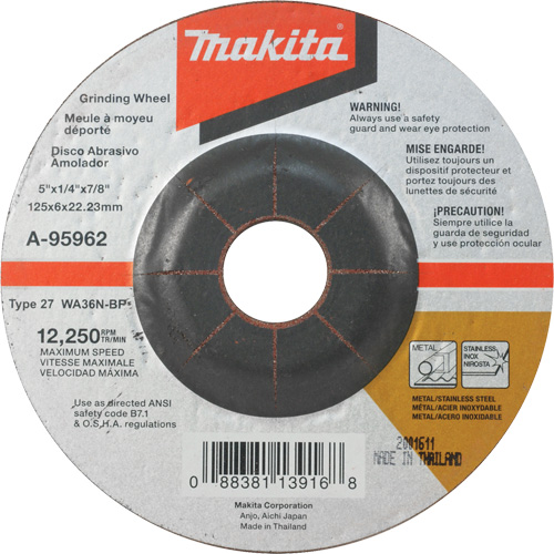 Meule inox, 5" x 1/4", Arbre 7/8", Oxyde d'aluminium, Type 27 - Makita A-95962-25