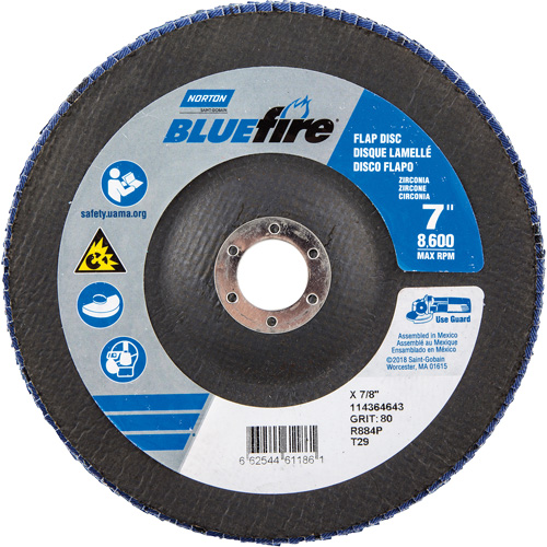 Disque &agrave; lamelles &agrave; grain grossier BlueFire, 7" x 7/8", Type 27, Grain 80, Alumine de zirconium - Norton 66254461186