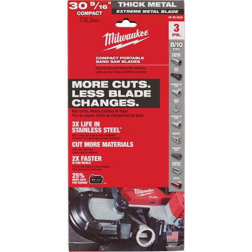 Lames-ruban pour coupes de m&eacute;taux extr&ecirc;mes, Acier rapide, 30-9/16" lo x 1/2" la x &eacute;paisseur 0,02", 8/10 dents par pouce - Milwaukee 48-39-0630