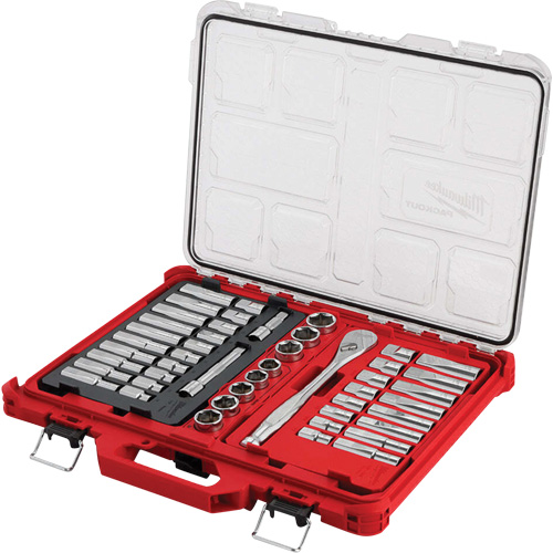 Jeu de cliquets et rochets avec organisateur &agrave; profil bas PACKOUT, 47 Mcx, Prise de 1/2", Profond - Milwaukee 48-22-9487