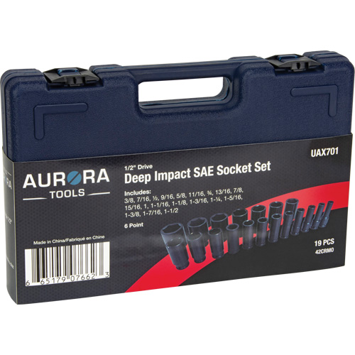 Jeu de douilles SAE, 19 Mcx, Chocs, Prise de 1/2", Profond - Outils Aurora 