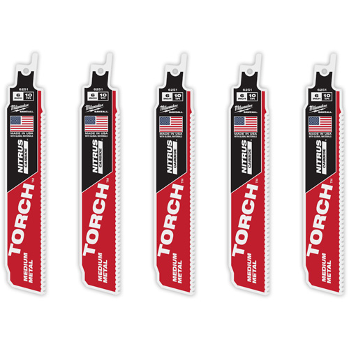 TORCH 5-Pack with NITRUS CARBIDE Teeth for Medium Metal, Carbide, 10 TPI, 6" L x 1" W - Milwaukee 48-00-6551