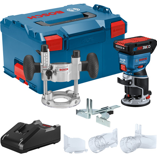 Brushless Colt Palm Router Kit with CORE18V&reg; 4 Ah Advanced Power Battery & Plunge Base - Bosch GKF18V-25PL14