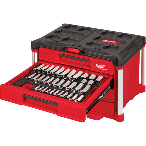 242-Piece 1/4”, 3/8” & 1/2” Drive Metric & SAE Ratchet & Socket Set with PACKOUT 4-Drawer Tool Box, 16-3/10" x 22-1/5" x 14-3/10", Black/Red - Milwaukee 48-22-9491