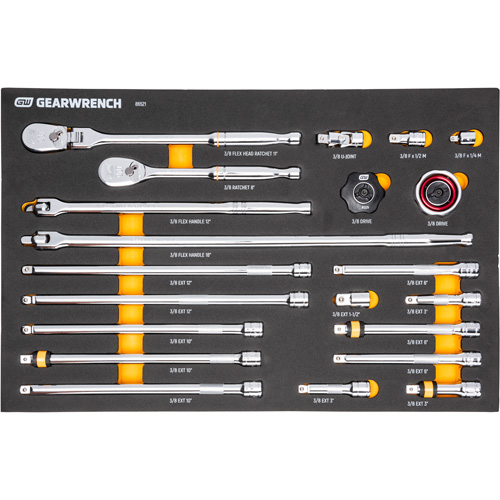 Ensemble d'outils &agrave; cliquet et d'entraînement 3/8" &agrave; 90 dents avec plateau de rangement en mousse - Gearwrench 86521