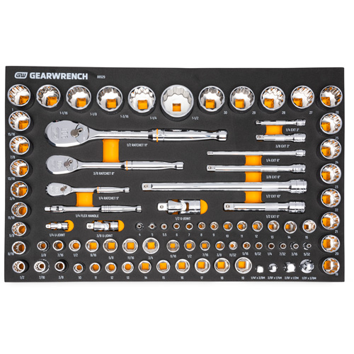 Jeu d'outils SAE/m&eacute;triques pour m&eacute;canicien &agrave; 90 dents 1/4", 3/8" & 1/2" avec plateau de rangement en mousse - Gearwrench 86529