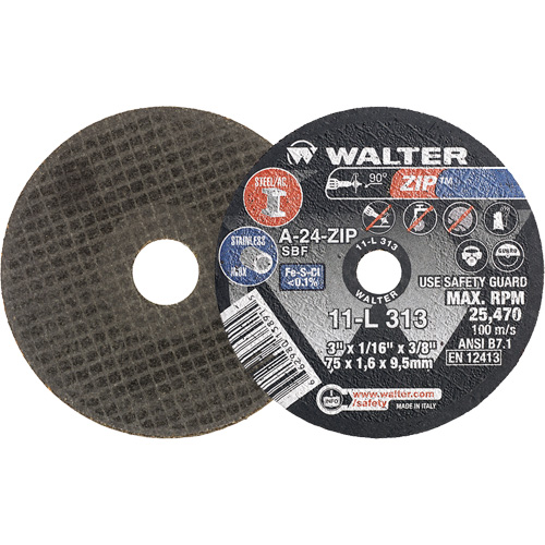 Zip Cut-Off Wheel, 3" x 1/16", 3/8" Arbor, Type 1, Aluminum Oxide, 25470 RPM - Walter Surface Technologies 11L313