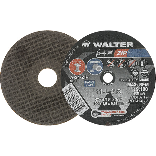 Zip Cut-Off Wheel, 4" x 1/16", 3/8" Arbor, Type 1, Aluminum Oxide, 19100 RPM - Walter Surface Technologies 11L413
