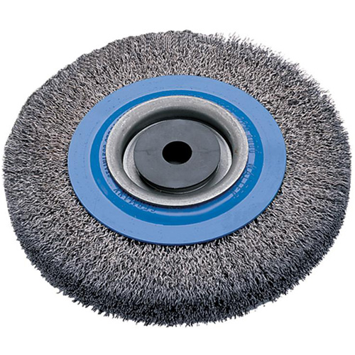 Crimped Wire Bench Wheel Brush, 8" Dia., 0.0118" Fill, 5/8" - 1-1/4" Arbor - Walter Surface Technologies 13B180