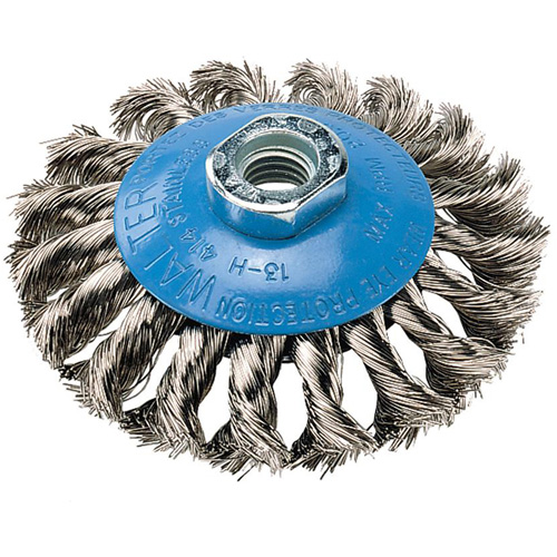 Brosse concave &agrave; fils nou&eacute;s torsad&eacute;s, Dia. 5", Fils 0,02", Arbre 5/8"-11, Aluminium/Acier inoxydable - Walter Technologies Pour Surface 13H514