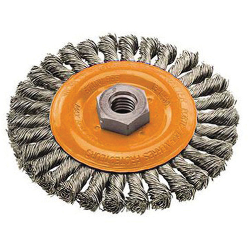 Wide Knotted Wire Wheel Brush, 4" Dia., 0.02" Fill, 5/8"-11 Arbor, Steel - Walter Surface Technologies 13L404