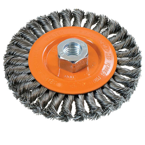 Brosse rotative &agrave; fils nou&eacute;s large, Dia. 5", Fils 0,02", Arbre 5/8"-11, Acier - Walter Technologies Pour Surface 13L504