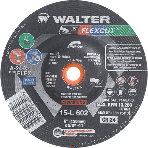 Meules &agrave; moyeu d&eacute;port&eacute; Flexcut, 5", 100 Grain, Oxyde d'aluminium, 5/8"-11, 12 200 Tr/min, Type 29 - Walter Technologies Pour Surface 15L510