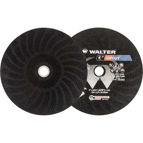 Meule &agrave; tronçonner renforc&eacute; Zipcut, 9" x 5/64", Arbre de 7/8", Type 1, Oxyde d'aluminium, 6600 Tr/min - Walter Technologies Pour Surface 11T092