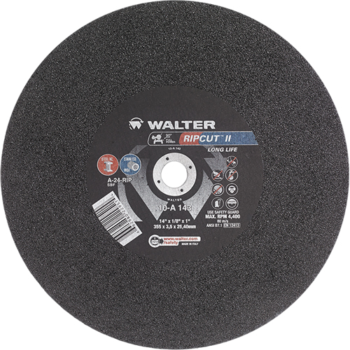 Meule &agrave; tronçonner haute performance Ripcut II pour scies fixes, 14" x 1/8", Arbre de 1", Type 1, Oxyde d'aluminium, 4400 Tr/min - Walter Technologies Pour Surface 10A143
