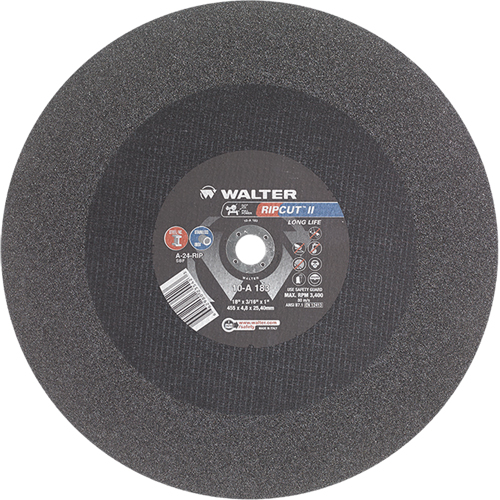 Meule &agrave; tronçonner haute performance Ripcut II pour scies fixes, 18" x 3/16", Arbre de 1", Type 1, Oxyde d'aluminium, 3400 Tr/min - Walter Technologies Pour Surface 10A183