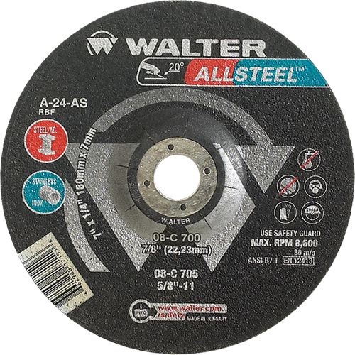 ALLSTEEL Xtra Depressed Centre Grinding Wheel, 4-1/2" x 1/8", 7/8" Arbor, Type 27 - Walter Surface Technologies 08C452