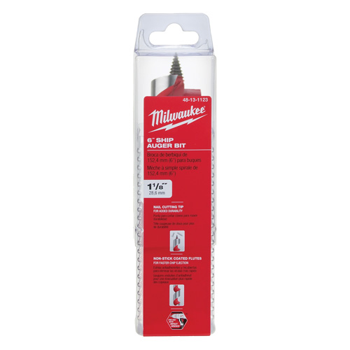 Longue m&egrave;che h&eacute;licoidale pour perceuse, Diam&egrave;tre de 1-1/8", Cannelure 3", Tige 7/16" hexagonal - Milwaukee 48-13-1123