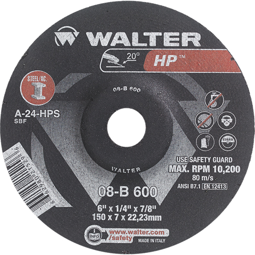 HP Depressed Centre Grinding Wheel, 9" x 1/4", 7/8" Arbor, Type 27 - Walter Surface Technologies 08B910