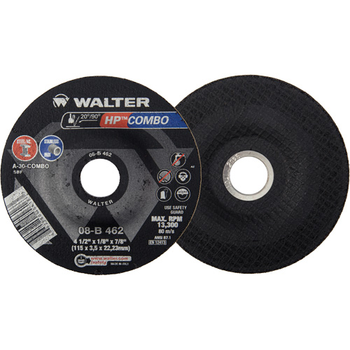 Meule combin&eacute;e HP Combo &agrave; moyeu d&eacute;port&eacute;, 4-1/2" x 1/8", Arbre de 7/8", Type 27 - Walter Technologies Pour Surface 08B462