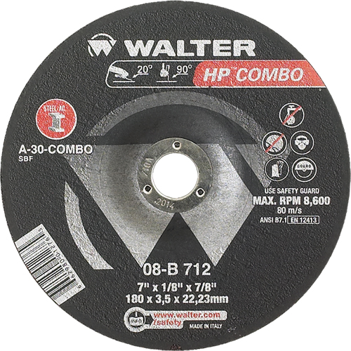HP Combo Depressed Center Combination Wheel, 7" x 1/8", 7/8" Arbor, Type 27 - Walter Surface Technologies 08B712