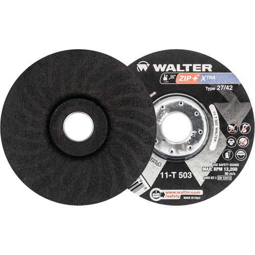 Meules &agrave; tronçonner renforc&eacute;es Zip+ pour meuleuse &agrave; angle droit, 5" x 1/16", Arbre de 7/8", Type 27, Alumine de zirconium, 12 200 Tr/min - Walter Technologies Pour Surface 11T503