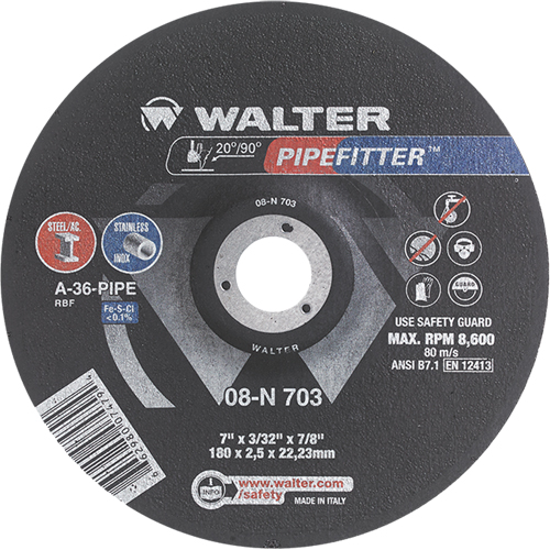 PIPEFITTER Grinding Wheel, 7" x 3/32", 7/8" Arbor, Type 27 - Walter Surface Technologies 08N703