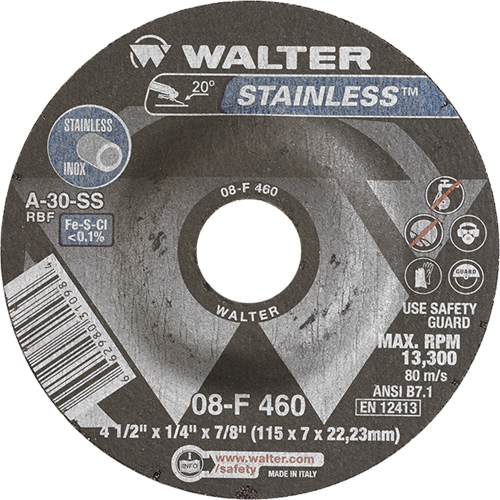 Stainless Steel Depressed Centre Grinding Wheels, 4-1/2" x 1/4", 7/8" Arbor, Type 27 - Walter Surface Technologies 08F460