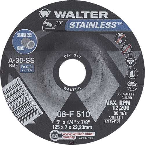 Meules &agrave; moyeu d&eacute;port&eacute; en acier inoxydable, 5" x 1/4", Arbre 7/8", Type 27 - Walter Technologies Pour Surface 08F510
