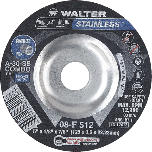 Meules &agrave; moyeu d&eacute;port&eacute; - Acier inoxydable type 27, 6" x 1/8", Arbre de 7/8", Type 27 - Walter Technologies Pour Surface 08F602
