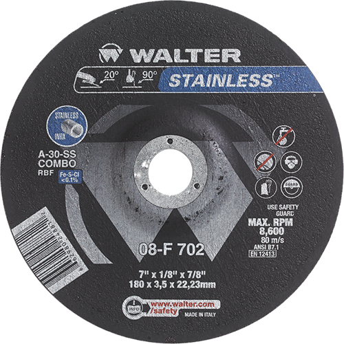 Depressed Centre Grinding Wheels - Stainless Type 27, 7" x 1/8", 7/8" Arbor, Type 27 - Walter Surface Technologies 08F702