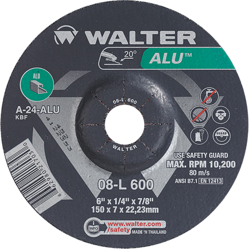 Aluminium Depressed Centre Grinding Wheels, 6" x 1/4", 7/8" Arbor, Type 27 - Walter Surface Technologies 08L600