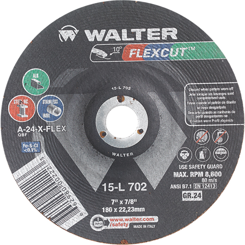 Meules &agrave; moyeu d&eacute;port&eacute; Flexcut, 7", 24 Grain, Oxyde d'aluminium, 7/8", 8600 Tr/min, Type 29 - Walter Technologies Pour Surface 15L702