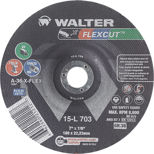 Flexcut Depressed Centre Grinding Wheels, 7", 36 Grit, Aluminum Oxide, 7/8", 8600 RPM, Type 29 - Walter Surface Technologies 15L703