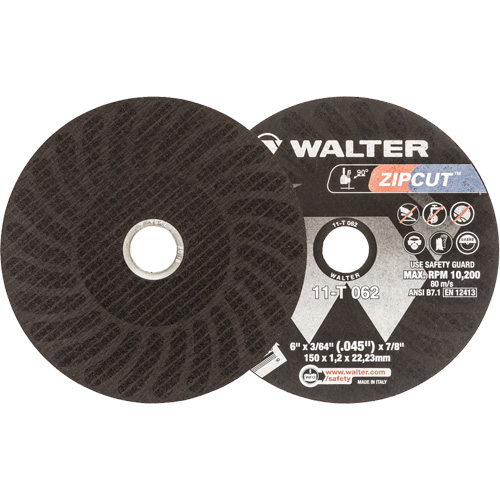Zipcut Reinforced Cut-Off Wheel, 6" x 3/64", 7/8" Arbor, Type 1, Aluminum Oxide, 10200 RPM - Walter Surface Technologies 11T062