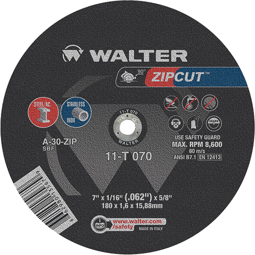 Zipcut Reinforced Cut-Off Wheel, 7" x 1/16", 5/8" Arbor, Type 1, Aluminum Oxide, 8600 RPM - Walter Surface Technologies 11T070