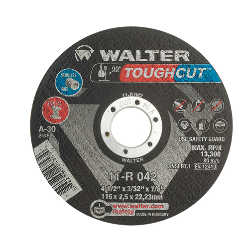 Toughcut Reinforced Cut-Off Wheel, 4-1/2" x 3/32", 7/8" Arbor, Type 1, Aluminum Oxide, 13300 RPM - Walter Surface Technologies 11R042