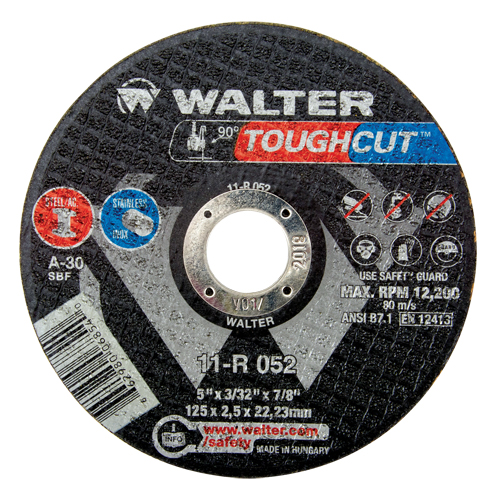 Meule &agrave; tronçonner renforc&eacute;e Toughcut, 5" x 3/32", Arbre de 7/8", Type 1, Oxyde d'aluminium, 12 200 Tr/min - Walter Technologies Pour Surface 11R052