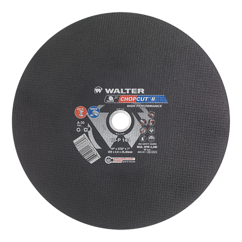 Meule &agrave; tronçonner pour scie de d&eacute;coupage Chopcut II, 14" x 3/32", Arbre de 1", Type 1, Oxyde d'aluminium, 4400 Tr/min - Walter Technologies Pour Surface 10P143