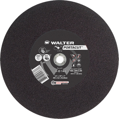 Meule &agrave; tronçonner rapide en acier inoxydable Portacut, 14" x 1/8", Arbre de 1", Type 1, Carbure de silicium, 5400 Tr/min - Walter Technologies Pour Surface 11D143