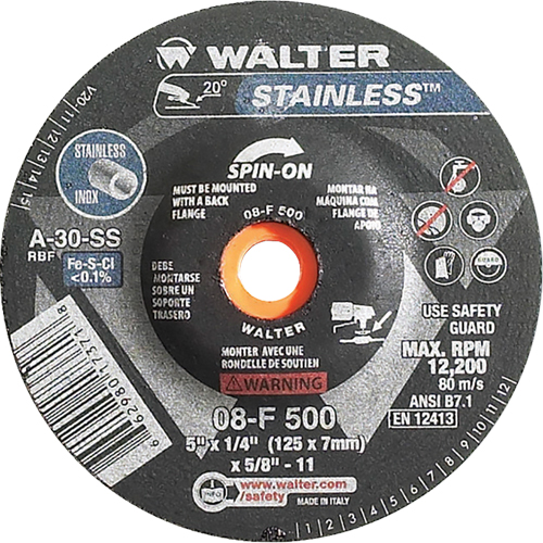 Depressed Centre Grinding Wheels - Stainless Type 27, 5" x 1/4", 5/8"-11 Arbor, Type 27S - Walter Surface Technologies 08F500